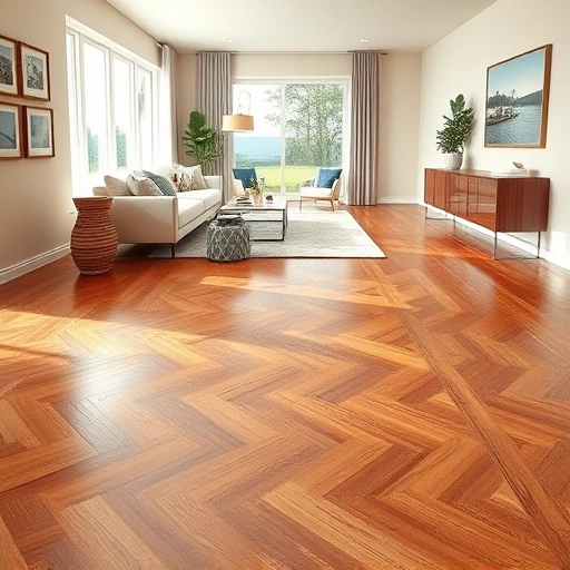 Rich oak herringbone wood flooring in a modern Punta Rassa living space with natural light and elegant decor.