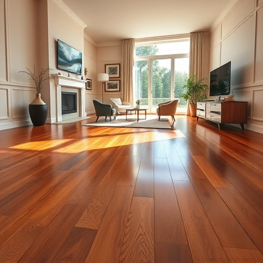 Stunning hardwood flooring with warm tones and glossy finish in a modern Vineyards FL room with elegant decor.