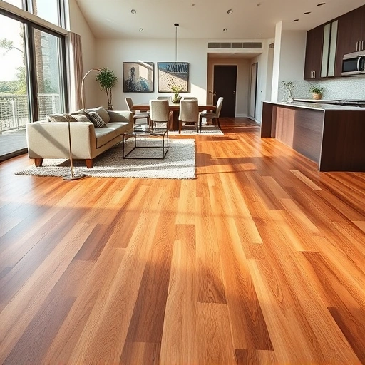Stunning hardwood floor installation in Estero FL featuring warm tones, stylish furniture, and natural light accents.