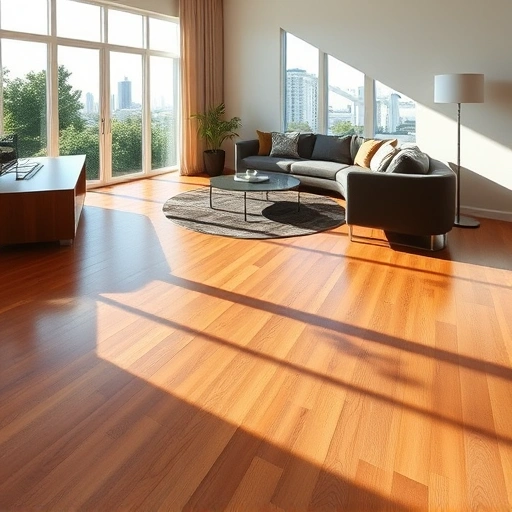 Spacious Orlando living area with polished hardwood flooring, modern furniture, and a view of the skyline and greenery.