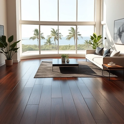 Waterproof laminate flooring installation in a luxurious living room with dark wood floors and tropical views.