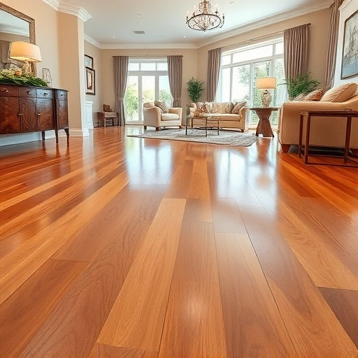 Polished hardwood floor in an elegant Naples interior, showcasing rich wood grain and warm light reflection.