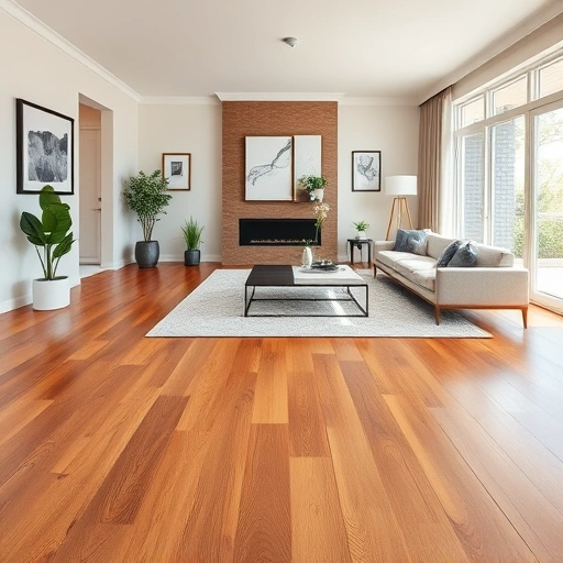 Stylish living room in Cypress Lake FL featuring rich wood flooring, minimalist decor, and natural light ambiance.