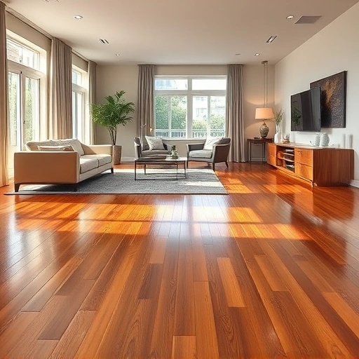 Polished hardwood flooring installation in Orlando with warm tones, minimalistic decor, and natural light enhancing the space.