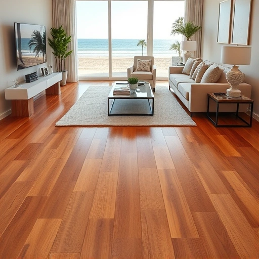 Stylish modern living room with warm wood flooring, large windows, and beach views in Fort Myers Beach, FL.