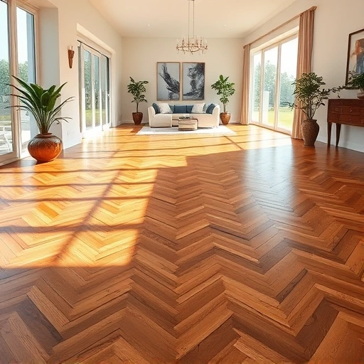 Wood flooring in herringbone pattern with warm oak finish in a modern Bonita Springs interior, enhancing luxury and elegance.