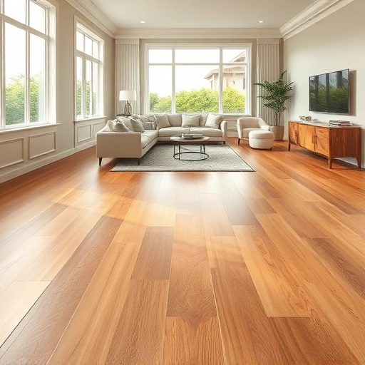 Completed wood flooring installation in Naples FL featuring warm tones, natural grain, and elegant decor in a spacious living area.