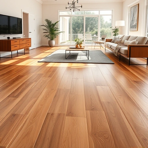 Completed oak wood flooring installation in Tice FL, showcasing rich tones, polished finish, and modern furnishings.