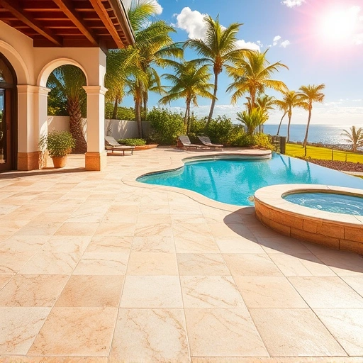 Luxurious outdoor patio with intricate tile and stone installation in Naples, featuring geometric patterns and vibrant greenery.