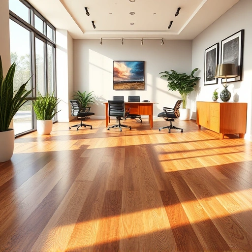 Modern office with polished wood flooring, sleek furniture, and natural light creating a sophisticated atmosphere.