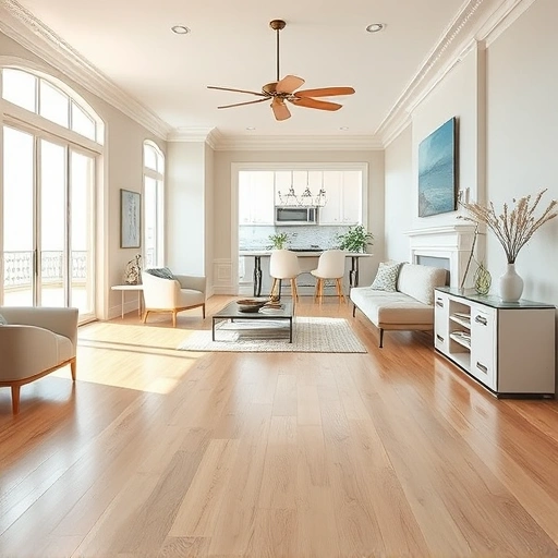 Completed hardwood flooring in a coastal decor room, reflecting natural light, evoking Naples' serene vibe.