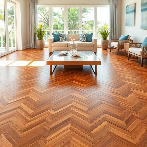 Completed hardwood flooring in a modern coastal home with herringbone pattern and soft blue decor accents.