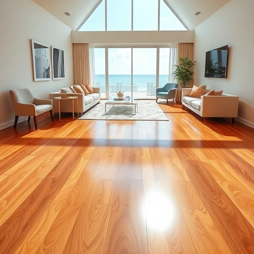 Polished hardwood flooring installation in Bonita Beach FL with natural light, beach view, and stylish decor.