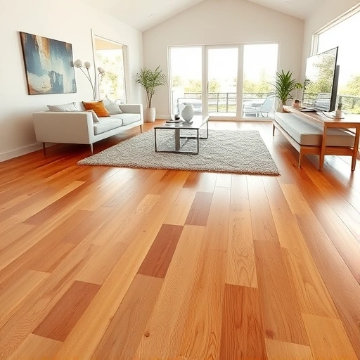 Wood flooring installation in East Naples FL showcases rich oak tones, polished finish, and modern decor in a serene living area.