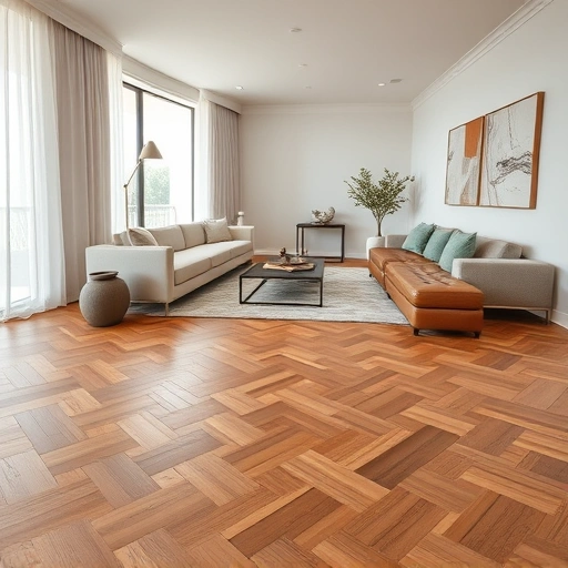Perfectly installed wood flooring in herringbone pattern enhances a modern living room in Miromar Lakes, FL with elegance.