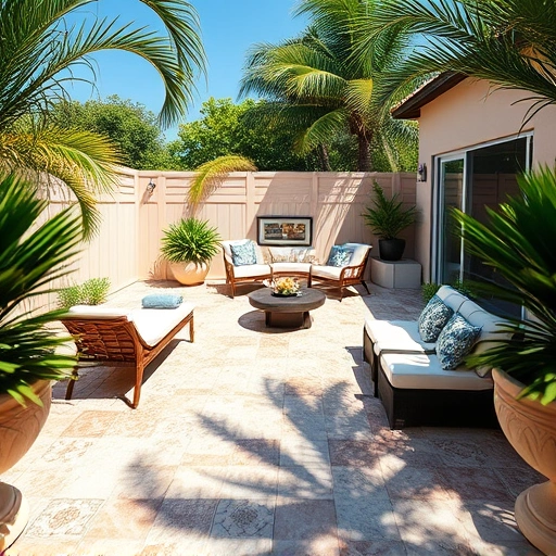 Beautiful patio installation in Naples with intricate tile patterns, natural stone, and tropical landscaping.