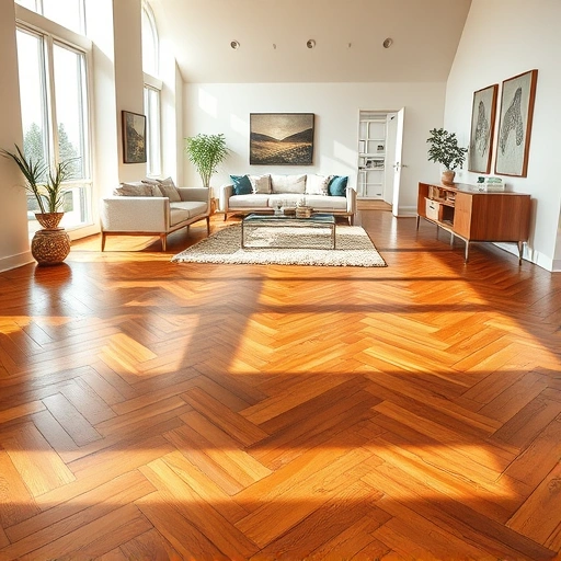 St. James City FL hardwood floor installation features herringbone pattern, modern decor, and natural light ambiance.