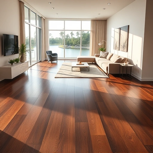 Elegant modern living space in Miromar Lakes, FL with dark hardwood flooring, soft walls, and lake view.