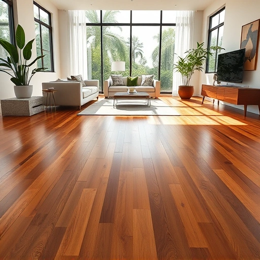 Polished walnut hardwood flooring shines in a modern Sarasota interior with minimalist decor and natural light.