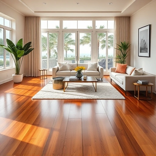 Stylish Boca Grande living room with rich wood flooring, modern decor, and natural light enhancing the ambiance.