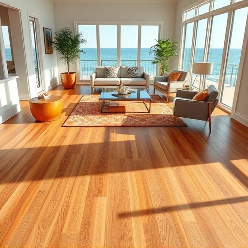 Completed hardwood flooring installation in Fort Myers Beach, featuring warm tones, modern furnishings, and coastal decor.