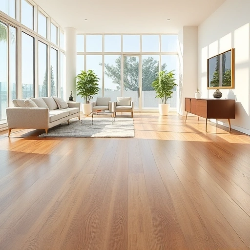 Waterproof laminate installation in a sunlit Naples room features glossy floors and minimalistic decor.