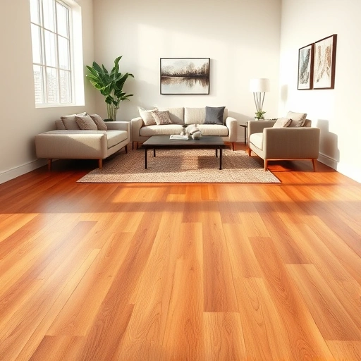 Completed wood flooring installation in a modern living room with warm-toned hardwood and minimalist decor.