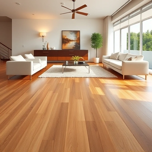 Completed wood flooring installation in Sarasota FL with rich oak tones, modern furniture, and soft ambient lighting.