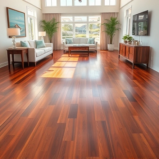 Hardwood floor replacement in a bright Naples living space showcasing rich dark wood tones and coastal decor.
