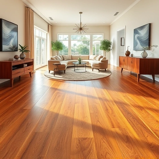 Completed hardwood flooring project in Sarasota FL showcasing rich tones, glossy finish, and modern decor in bright living area.