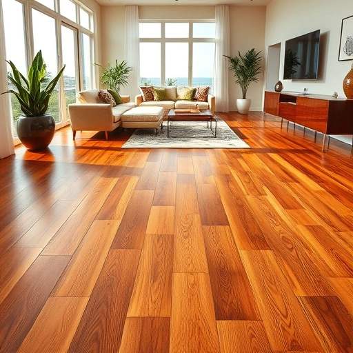 Solid wood flooring installation in Naples FL with warm tones, polished sheen, and modern decor elements.