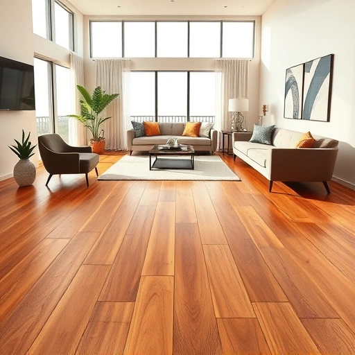 Completed wood flooring installation in Cape Coral FL with warm tones, natural light, and elegant furnishings.