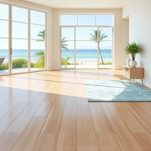 Spacious sunlit room with polished light oak hardwood flooring, coastal views of palm trees and the Gulf of Mexico.