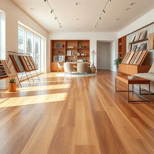 Elegant polished hardwood flooring in a modern Fort Myers showroom with minimalist decor and natural light.