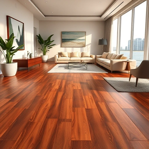 Luxurious Pelican Bay living space features polished mahogany flooring, elegant rugs, and modern furnishings in natural light.