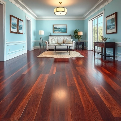 Hardwood floor stained in rich mahogany and walnut hues reflects light in a coastal-inspired living space.