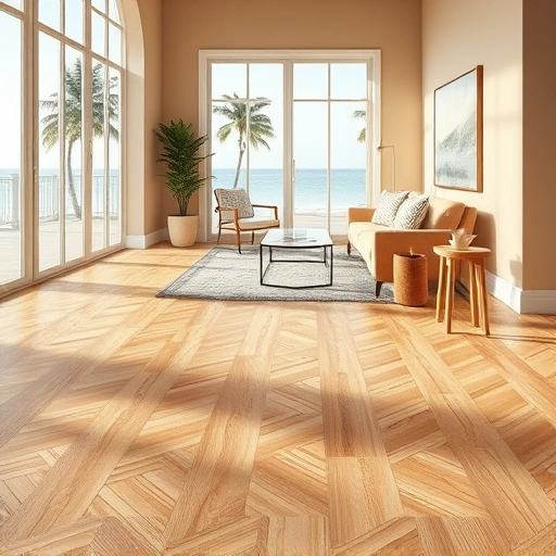 Stunning herringbone wood flooring in Boca Grande FL, bathed in natural light with coastal views and elegant decor.