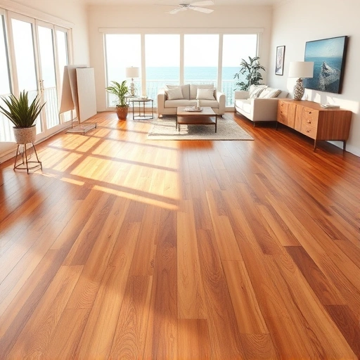 Wood flooring installation in Sanibel, FL with rich tones, spacious living room, and coastal decor highlighting craftsmanship.