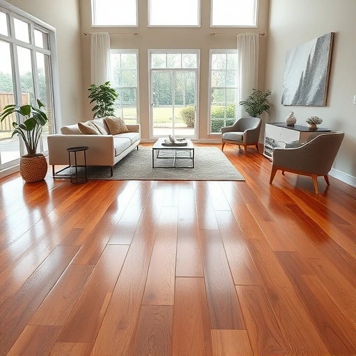 Completed wood flooring installation in a spacious living room with modern decor, warm tones, and natural light.