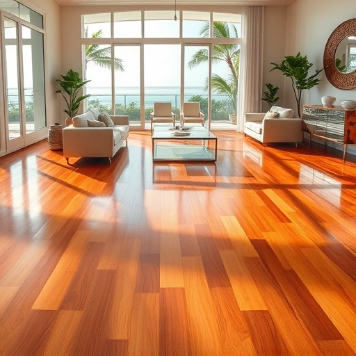 Gleaming hardwood floor buffed and recoated in a stylish Naples room with large windows and coastal views.