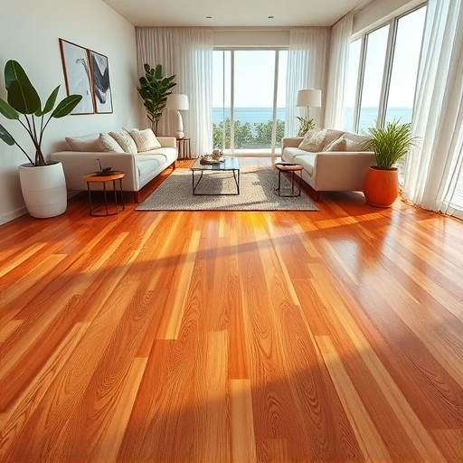 Wood flooring in a modern sunlit living room with minimalist decor and plush furniture in Bonita Beach FL.