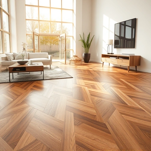Beautiful herringbone wood flooring in Iona FL with modern decor, natural light, and neutral-toned walls.