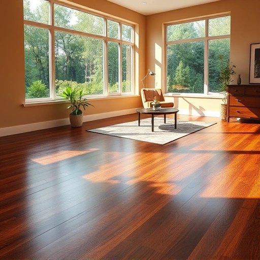 Dark oak hardwood flooring reflects natural light in a stylish interior with neutral walls and elegant decor.
