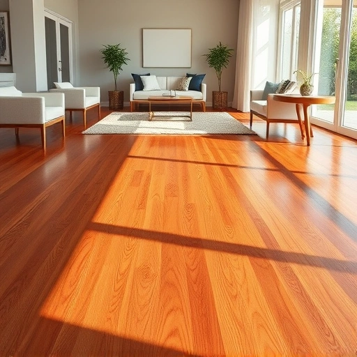 Hardwood floor refinishing in Naples FL showcasing polished wood, elegant furnishings, and natural light reflections.