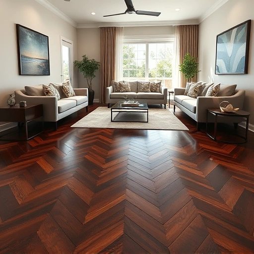 Dark hardwood flooring in herringbone pattern complements contemporary furniture in Lely Resort luxury interior.