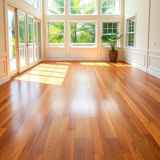 Sunlit room in Naples with polished golden oak hardwood flooring and views of lush tropical foliage outside.