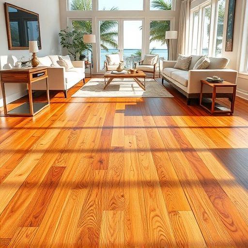 Hardwood floor sealing in Naples FL showcasing rich wood tones, glossy finish, and coastal decor ambiance.