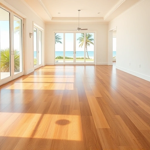 Sunlit room with polished hardwood flooring, large windows, tropical views, and soft neutral walls for a coastal vibe.