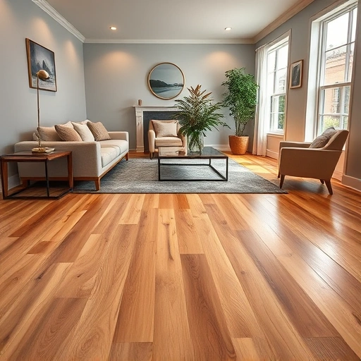 Modern living room in Naples FL featuring rich oak wood flooring, elegant furniture, and ambient lighting.