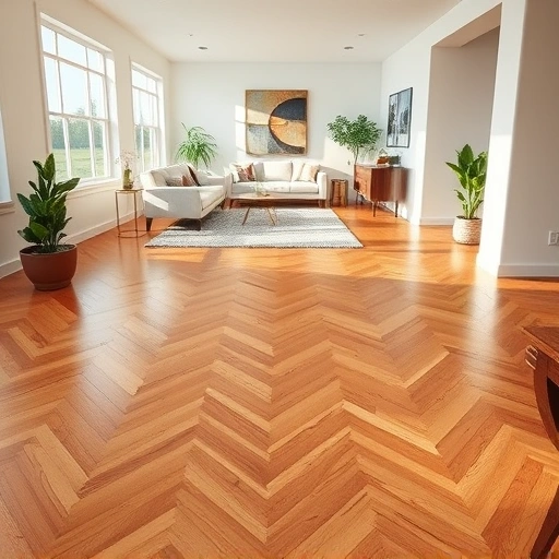 Completed hardwood flooring installation in Everglades City FL with herringbone pattern, elegant furnishings, and natural light.